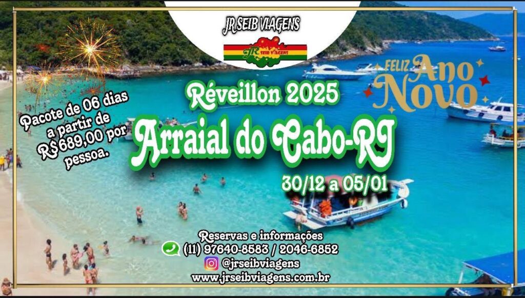 RÉVEILLON 2025 ARRAIAL DO CABO-RJ – PACOTE DE 06 DIAS DE 30/12 A 05/01 À PARTIR DE R$ 689,00 POR PESSOA (1° LOTE até 20/10).